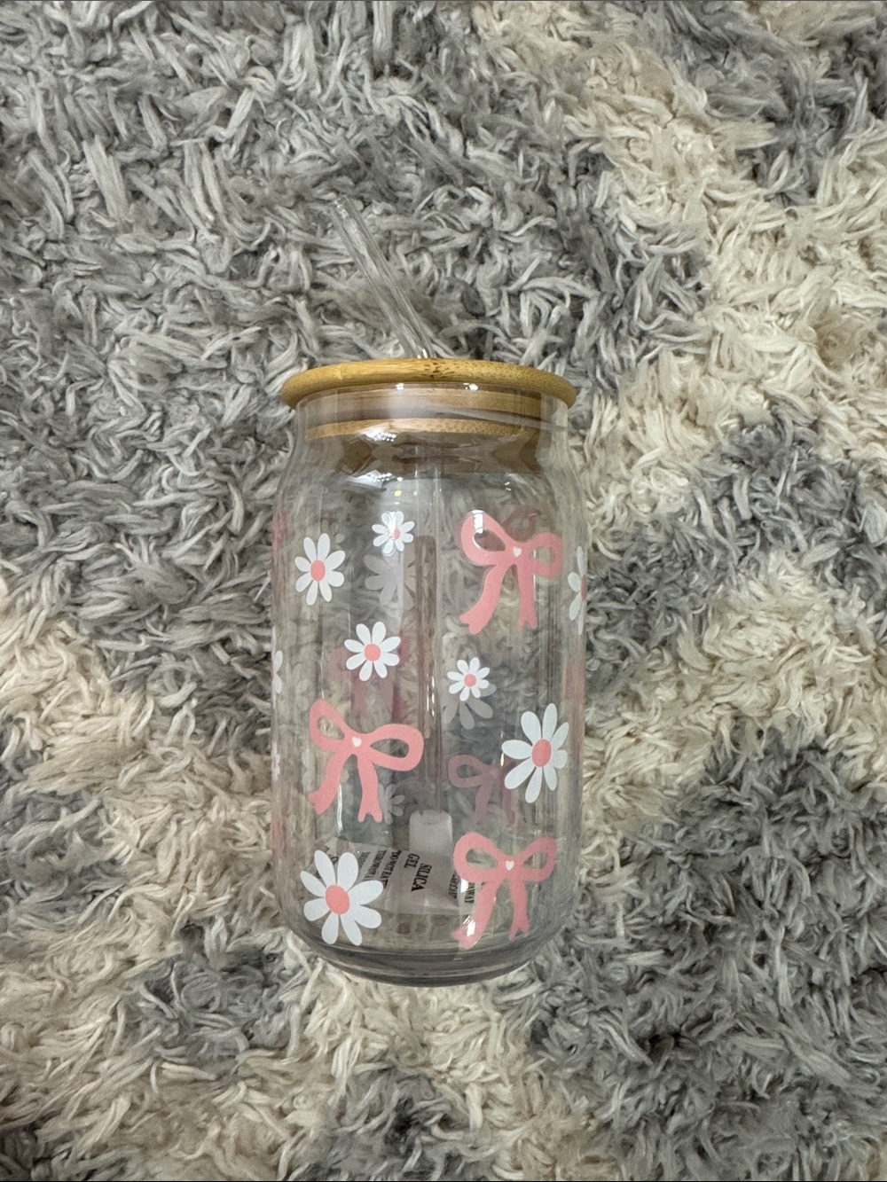 Pink Bow & Daisy Glass Canister with Bamboo Lid